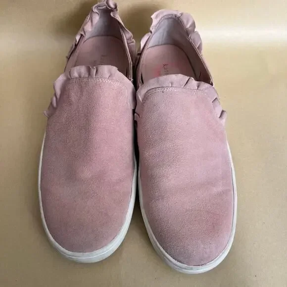 Kate Spade Lillie Pink Suede Ruffle Slip-On Sneakers Leather Upper Size 8.5 - Picture 2 of 14